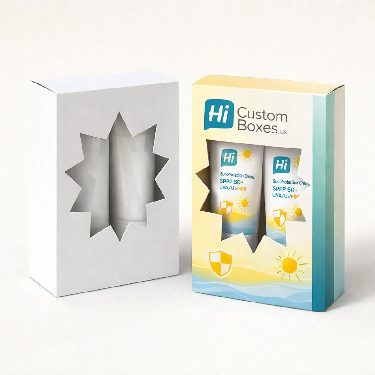 Two rectangular boxes with star-shaped die-cut windows revealing sun cream tubes inside the branded version- class=